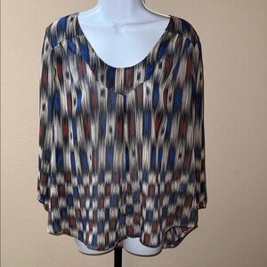 Lucky Brand Blue Red Gray White Abstract Sheer 3/4 Sleeves Blouse Women’s Size M